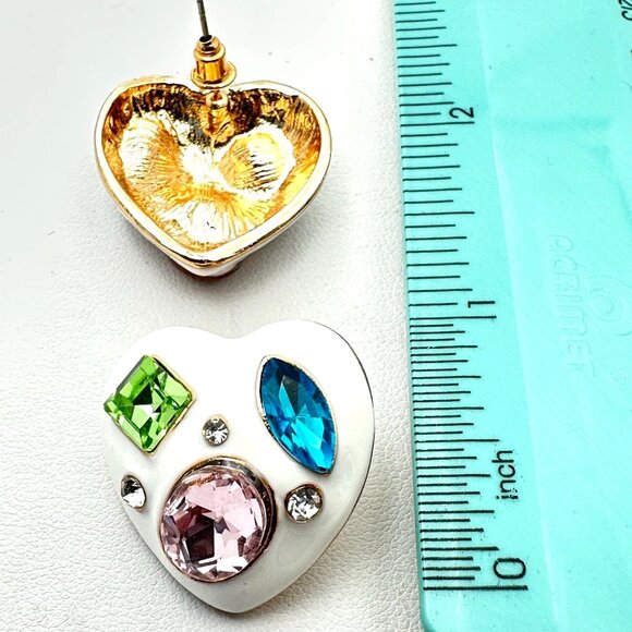 Womens Earrings Blue Pink Green Rhinestone White Enamel Heart Earrings Pierced - Picture 5 of 5